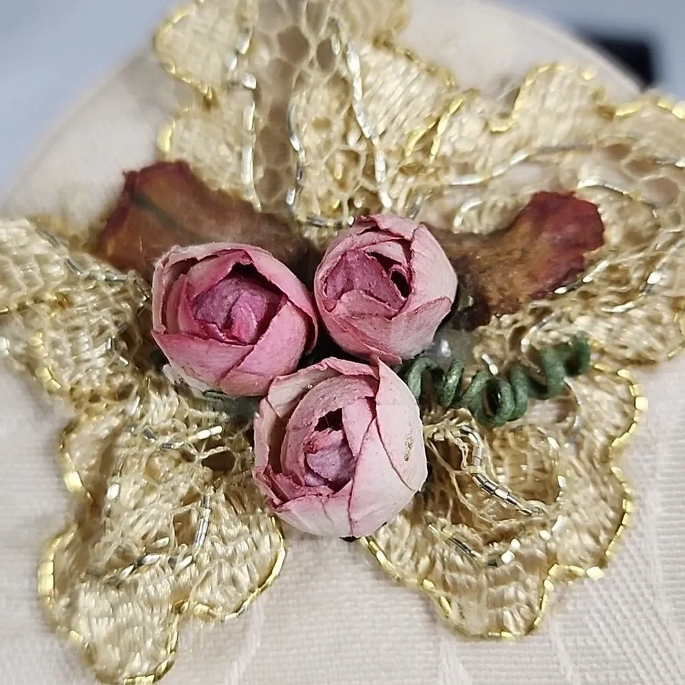 Vtg 80'sRomantic oval Fabric Covered Box with matching Oval Frame Coquette